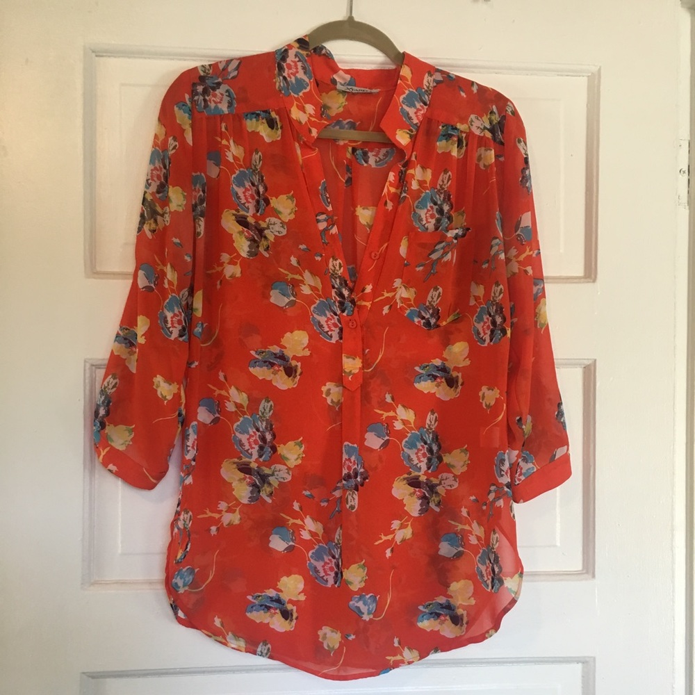 Orange Floral Button Up Blouse